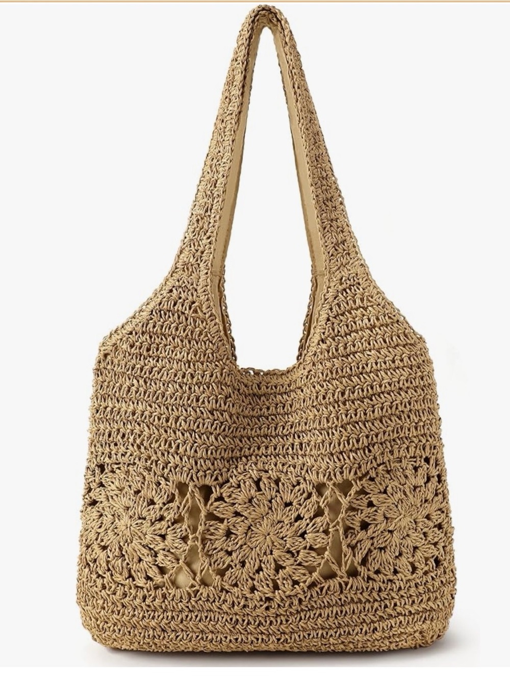 Large Woven Crocheted Straw Tote Bag Tan Floral Motif Handwoven Summer Handbag